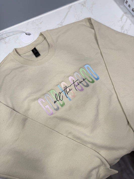 Embroidered God is good crewneck